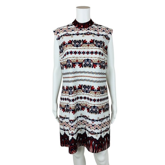 Vintage 1960s Striped Filigree Dress Maroon Navy Shift | B 41" - Picture 9 of 10